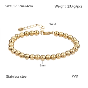 Technical diagram of golden beaded stainless steel bracelet showing 17.3cm length and 6mm beads