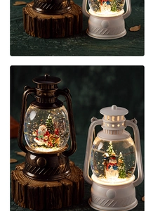 Retro Christmas lantern music box with Santa and snowman scenes on a wood base