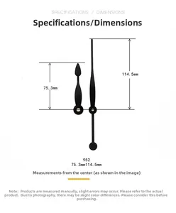 Detailed size chart for aluminum clock hands model 952 with 75.3mm and 114.5mm lengths