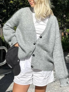Gilet en Maille pour Femme avec Col en V et Boutons Casual Couleur Unie Manches Longues Pull en Polyester Doux pour Automne