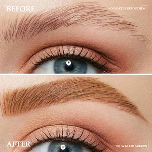 Before and after comparison of brow gel application in 03 Auburn for volume