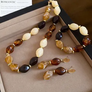 Vintage acrylic jewelry set with amber marble beads necklace bracelet and earrings