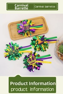 Detail of Brazilian carnival hair clips featuring purple green and gold tinsel streamers