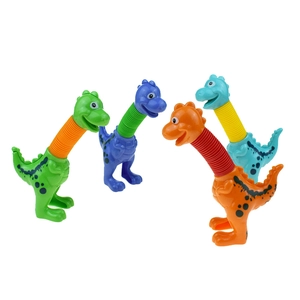 Detail of colorful pop tube dinosaur sensory toys with flexible telescopic necks