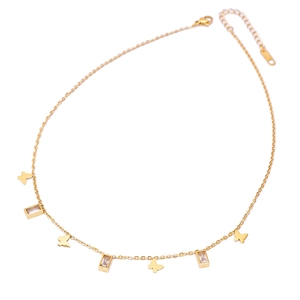 Golden butterfly necklace with rectangular zircon charms on a white background