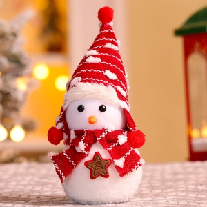 Close-up of Christmas snowman plush with knit hat and wooden Welcome sign star detail