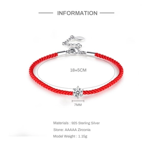 Detail view of red woven S925 silver bracelet with 7mm zirconia and size dimensions