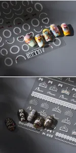 Autocollants 5D pour ongles avec dentelle blanche et motifs de couronnes de princesse