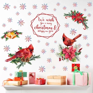 PVC Christmas window stickers with red cardinal birds, snowflakes and festive bells