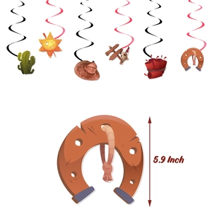 Western cowboy themed party hanging swirl decorations with cactus and horseshoe cutouts