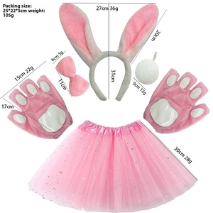 Detailed sizing chart for pink bunny costume set including headband and tutu skirt