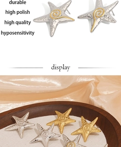 Detail of high polish stainless steel starfish earrings with hammer texture and spiral