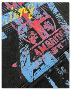 Nahaufnahme des Vintage-Grafikdrucks und der schweren Baumwolltextur des Hoodies