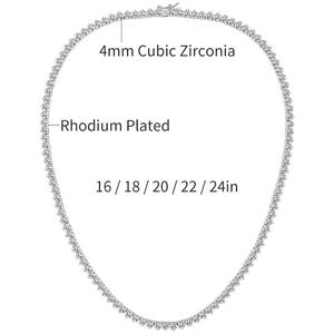 Three-prong tennis necklace with 4mm cubic zirconia in polished rhodium plating