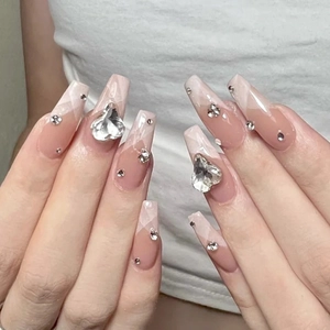 Press On Nails French Style Ombre Pink White Marble Coffin Long False Nails Rhinestones Heart Decor Women With Glue File