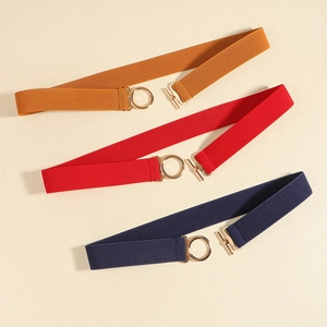 Elastic waist belts in orange, red and navy blue with round gold metal buckles