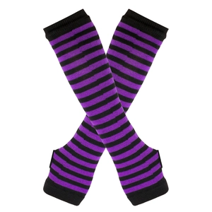 Close-up of purple and black striped knit fingerless long arm sleeves with thumb holes