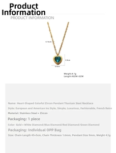 Specifications of 18k gold plated stainless steel heart necklace with colorful zircon