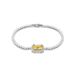 Elegant silver bracelet with rectangular yellow zircon stone and pave-set crystals