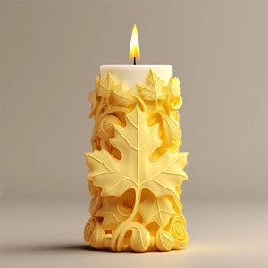 Candela cilindrica con foglie di acero in rilievo giallo caldo e fiamma naturale