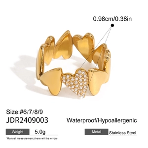 Bague coeur en acier inoxydable plaqué or 18 carats avec pierres de zircone brillantes