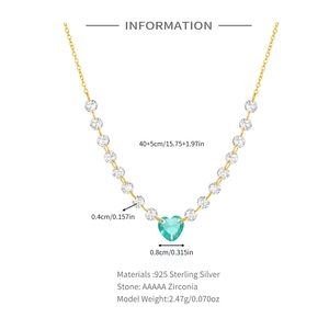 Detailed specs of S925 silver heart necklace featuring green gemstone and AAAAA zircons