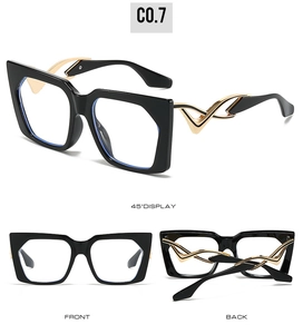 Three-angle display of oversized black eyewear with hollow gold temples and blue light lenses