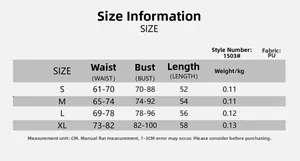 Guide des tailles pour body en PU avec mesures de poitrine, taille et longueur totale