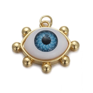 Detailed view of the gold-plated Evil Eye pendant with blue and white enamel and zircon accents