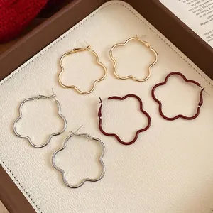 Retro red flower hoop earrings for women in gold, silver, and matte red finish