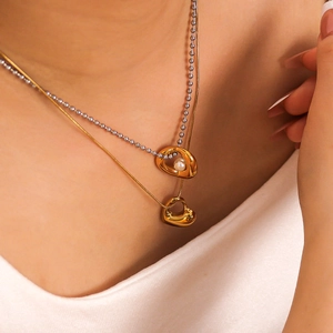18k gold plated stainless steel layered necklace with heart pendant and white pearl