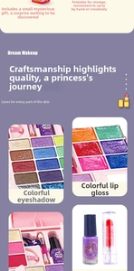 Washable kids makeup kit detail showing eyeshadow palette and lipstick in pink handbag