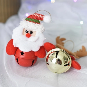 Detailed view of Santa and reindeer plush bells ornaments on white mesh background