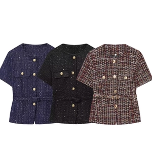 Giacca In Tweed A Maniche Corte Da Donna Con Cintura Bottoni Dorati Paillettes Elegante Vintage Stile Francese Vestibilità Aderente