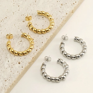 Minimalist Twisted Rope C-Shape Hoop Earrings Stainless Steel Polished Jewelry For Women