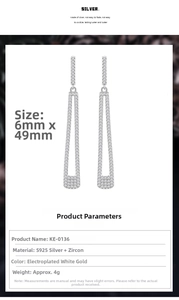 Detail showing S925 sterling silver tassel earrings dimensions and zircon material specs