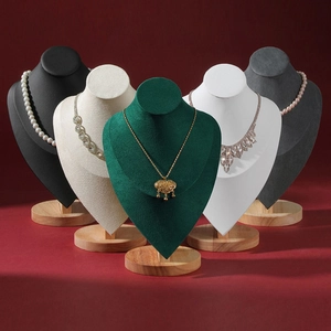 Necklace Display Stand Wood Base Velvet PU Leather Jewelry Bust Portrait Neck Model Organizer Showcase Holder