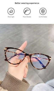 Detail of TR90 tortoise cat-eye frame showing flexible metal hinges and comfort design