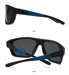 Detail view of sport sunglasses showing the matte black side frame and back design