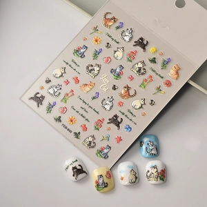 5D embossed cat nail stickers FEB-840 with floral patterns and adhesive decals