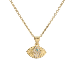 Collier Hamsa doré pour femme avec micro-diamants blancs et une pierre précieuse bleue