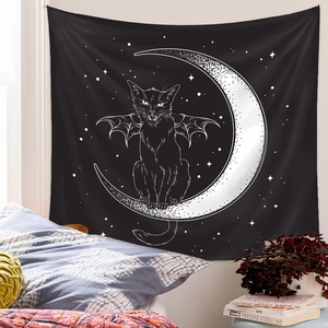 Black gothic cat tapestry with moon and starry sky used as bedroom wall decoration