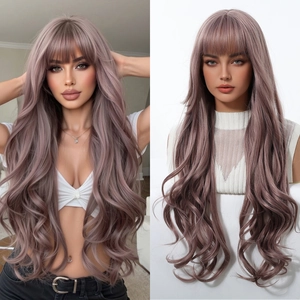 Detail view of long wavy wig with bangs in gradient smoky pink and ash purple