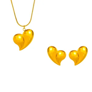 INS Style 18K Gold Plated Stainless Steel Large Heart Pendant Necklace Stud Earrings For Women Minimalist Jewelry