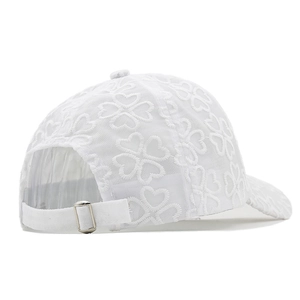 White lace baseball cap with clover embroidery and breathable mesh for outdoor summer sun protection