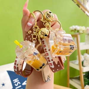 Cute Cartoon Bear Milk Tea Liquid Quicksand Keychain Acrylic Silicone Zinc Alloy Multifunctional Pendant With Bell
