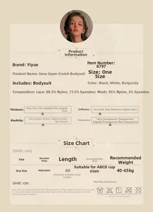 Detailed size chart for lace teddy lingerie with fabric specs and washing instructions
