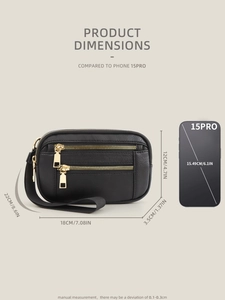 Size comparison of the black multi-layer wristlet bag showing 18x12x3.5cm dimensions