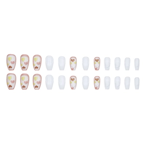 French style long coffin press-on nails with nude pink base and heart pattern, 24 pieces