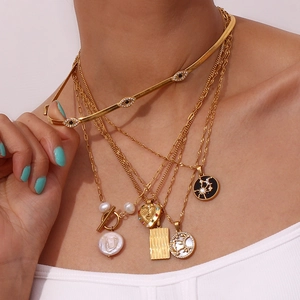 Layered 18K gold-plated stainless steel necklace with heart, pearl, and evil eye charms